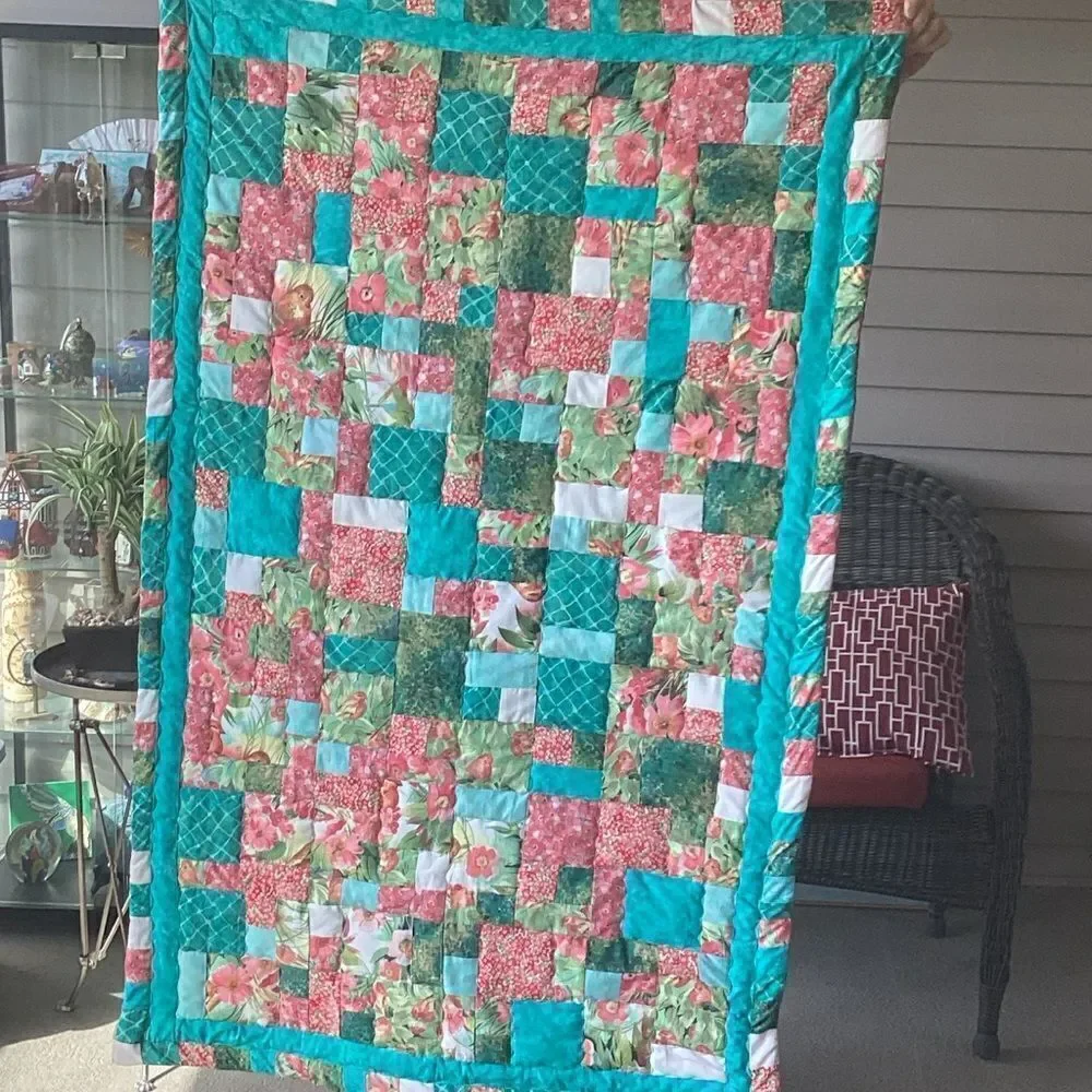 NWT. Turquoises, Corals and Greens Handcrafted Lap Quilt